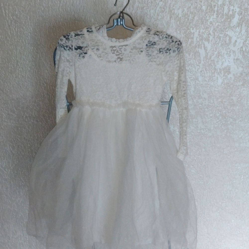 Girls White Long Sleeve Dress